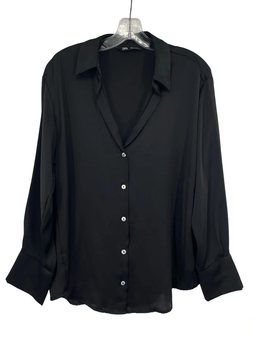 Zara Black Satin Button Down V Neck Blouse Size Medium - Picture 1 of 9